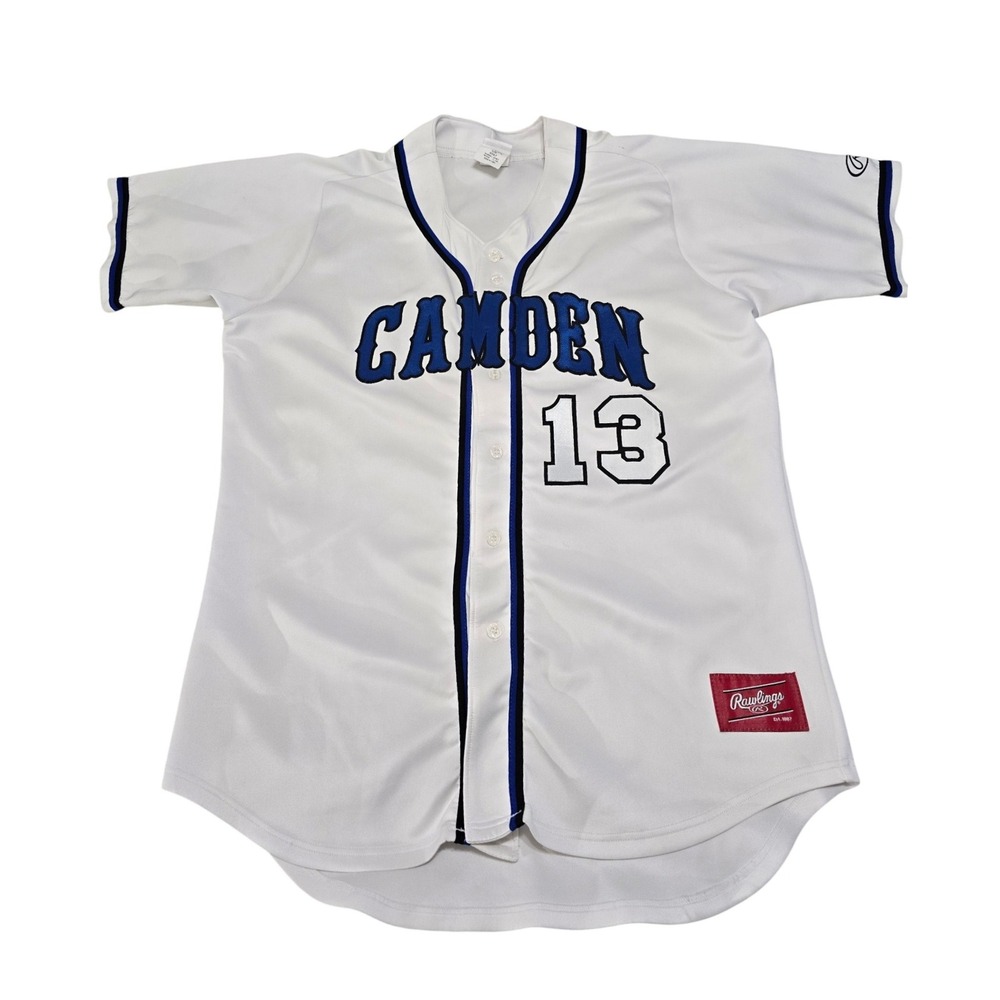 Rawlings Camden 13 Baseball Jersey Mens 46 White Blue Pro Dri‎ RJ140 Button Up